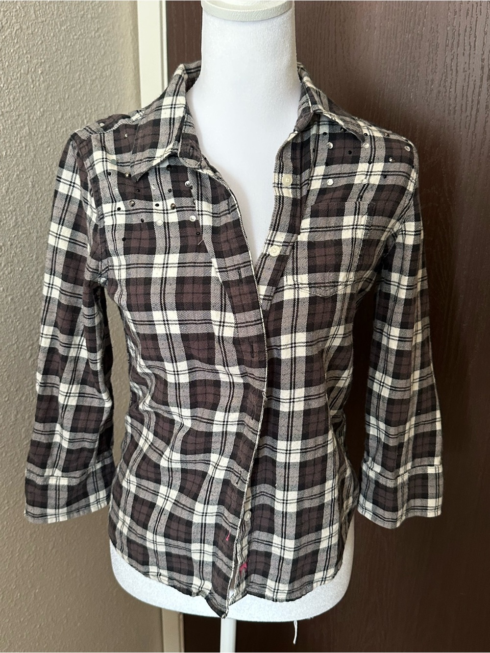PINK Victoria's Secret Brown and Cream Plaid Button-Down Shirt